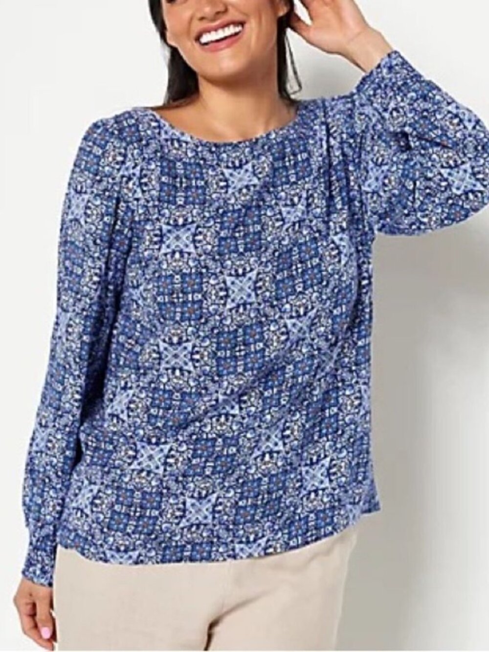 Denim & Co. Abstract Printed Wide Neck Blouse Cuff